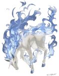  alternate_color blue_fire commentary_request fire highres no_humans pecohophop pokemon pokemon_(creature) rapidash shiny_pokemon simple_background solo standing twitter_username unicorn white_background 