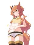  1girl animal_ears brown_ribbon brown_thighhighs ear_ribbon highres horse_ears horse_girl kumasteam long_hair mayano_top_gun_(umamusume) midriff navel orange_hair plump ribbon shorts simple_background solo thighhighs thighs umamusume weight_conscious white_background white_shorts yellow_eyes 