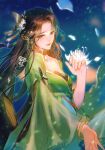  1girl artist_request baiguio_(zhu_xian) beads brown_hair chinese_clothes closed_mouth dress facial_mark falling_petals forehead_mark from_side glint glitter green_dress hair_ornament highres long_hair long_sleeves night outstretched_hand petals second-party_source smile solo upper_body zhu_xian 