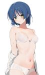  1girl :/ bangs bare_shoulders blue_hair bocchi_the_rock! bow bow_panties bra breasts closed_mouth gin00 highres looking_at_viewer medium_breasts mole mole_under_eye navel off_shoulder open_clothes open_shirt panties short_hair sidelocks simple_background skindentation solo stomach sweat underwear white_background white_bra white_panties yamada_ryou yellow_eyes 