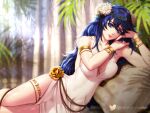  1girl bare_arms blue_eyes blue_hair breasts cleavage dress esther_shen fire_emblem fire_emblem_awakening fire_emblem_heroes flower head_wreath large_breasts long_hair looking_at_viewer lucina_(fire_emblem) lying official_alternate_costume on_side sideboob sleeveless smile solo thighs white_flower 