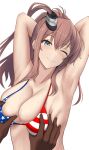  1girl american_flag_bikini armpits bajitohfu bikini blue_eyes blush breasts brown_hair closed_mouth flag_print highres kantai_collection large_breasts long_hair one_eye_closed saratoga_(kancolle) side_ponytail simple_background smile solo_focus star_(symbol) star_print striped striped_bikini swimsuit upper_body white_background 