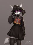  anthro black_hair canid canine clothing dragonfu dress female fox frankie_(dragonfu) glowing glowing_eyes grey_background hair hybrid legwear looking_at_viewer mammal procyonid purple_eyes raccoon simple_background solo thigh_highs 