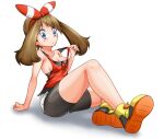  1girl areola_slip bangs bare_shoulders bike_shorts bike_shorts_under_shorts black_shorts blue_eyes blush bow breasts brown_hair cleavage clothes_lift full_body hair_bow looking_at_viewer may_(pokemon) ossannoa pokemon pokemon_(game) pokemon_oras red_bow red_shirt shirt shirt_lift shoes shorts sideboob sitting sleeveless sleeveless_shirt solo sweatdrop white_background white_shorts yellow_footwear 