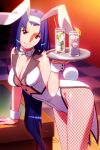  1girl animal_ears asahina_natsuki blue_hair breasts checkered_floor cleavage coattails cowboy_shot cup drink drinking_glass fake_animal_ears fake_tail fishnet_pantyhose fishnets holding holding_drink holding_tray ice ice_cube indoors leaning_forward leotard long_hair looking_at_viewer non-web_source official_art pantyhose photoshop_(medium) playboy_bunny rabbit_ears rabbit_tail red_eyes smile solo super_real_mahjong tail tanaka_ryou tray very_long_hair wrist_cuffs 