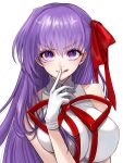  1girl absurdres bangs bare_shoulders bb_(fate) bow breasts fate/grand_order fate_(series) finger_to_mouth ginshima_jill gloves hair_between_eyes hair_bow highres large_breasts long_hair looking_at_viewer purple_eyes purple_hair red_bow simple_background smile tongue tongue_out white_background white_gloves 