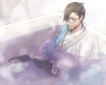  1boy ahoge bathtub black_hair black_sash blue_jacket confused fate/grand_order fate_(series) feet_out_of_frame glasses grey_hakama hair_over_one_eye hair_pulled_back hakama haori highres jacket japanese_clothes kimono knee_up male_focus nemoppoi off_shoulder parted_lips partially_submerged purple_eyes sash short_hair sitting solo steam water wet wet_clothes wet_hair white_kimono yamanami_keisuke_(fate) 