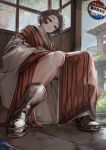  1girl absurdres black_hair boots breasts bus_stop grey_eyes highres japanese_clothes kimono original parted_lips rain short_hair sitting soleil_(soleilmtfbwy03) solo wet 