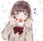  1girl bangs blush_stickers bow bowtie brown_hair cardigan covered_mouth eating egg_(food) egg_yolk food fried_egg grey_cardigan holding holding_food light_blush long_sleeves looking_at_viewer original pink_eyes purple_eyes red_bow red_bowtie simple_background solo star_(symbol) supika upper_body white_background 