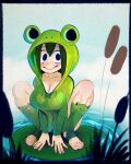  1girl animal_costume asui_tsuyu black_eyes boku_no_hero_academia breasts cleavage frog_costume green_hair highres large_breasts lily_pad long_sleeves looking_at_viewer stirrup_legwear toeless_legwear water xu53r 