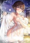  ? bath breasts brown_hair highres night onsen original purple_eyes shiro_kuma_shake snow towel wet 