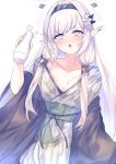  1girl bangs blue_archive blush bottle drunk flower hair_flower hair_ornament hairband halo haori himari_(blue_archive) holding holding_bottle japanese_clothes karappo_(poket12) mole mole_under_eye open_mouth pointy_ears purple_eyes sake_bottle solo white_background white_hair 