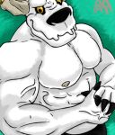  abs athan_(athan_the_monster) athan_the_monster band-aid bandage big_muscles black_border black_nose border broken_horn claws flexing goo_creature horn huge_muscles humanoid male monster muscular muscular_male nipples pecs pose slime solo white_body yellow_eyes 