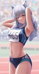  1girl :o alternate_costume animal_ear_fluff animal_ears armpits arms_behind_head arms_up bangs bare_arms blue_archive blue_buruma blue_eyes blue_sports_bra blurry blurry_background blush breasts buruma cowboy_shot crop_top cross_hair_ornament drying drying_hair grey_hair hair_ornament halo highres looking_at_viewer medium_breasts medium_hair mismatched_pupils multicolored_clothes navel outdoors parted_lips shiroko_(blue_archive) sidelocks silver_bullet_(ecc12_8) solo sports_bra sportswear stomach sweat thighs towel track_and_field wet white_towel 