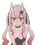  1girl :3 black_choker black_leotard blush breasts choker cleavage closed_mouth gradient_hair hololive horns leotard looking_at_viewer medium_breasts multicolored_hair nakiri_ayame red_eyes simple_background smile solo streaked_hair twintails upper_body virtual_youtuber white_background wool_(miwol) 
