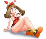  1girl areola_slip bangs bare_shoulders blue_eyes blush bow breasts brown_hair cleavage clothes_lift full_body hair_bow looking_at_viewer may_(pokemon) ossannoa pokemon pokemon_(game) pokemon_oras red_bow red_shirt shirt shirt_lift shoes shorts shorts_removed sideboob sitting sleeveless sleeveless_shirt solo sweatdrop white_background yellow_footwear 