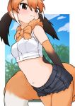  1girl animal_ears arms_behind_back barefoot blush bow bowtie brown_gloves brown_hair commentary cowboy_shot crop_top cutoffs denim denim_shorts elbow_gloves extra_ears fur_collar gloves hair_between_eyes illu kemono_friends long_hair maned_wolf_(kemono_friends) midriff multicolored_clothes multicolored_gloves multicolored_hair navel orange_bow orange_bowtie orange_eyes orange_fur orange_gloves orange_hair orange_pantyhose pantyhose shirt short_shorts shorts sidelocks sleeveless solo symbol-only_commentary tail white_hair white_shirt wolf_ears wolf_girl wolf_tail 