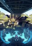  absurdres animal_focus blue_eyes bridge cloud commentary day different_reflection grass highres king_joe_(neoroto) looking_down necrozma necrozma_(dawn_wings) necrozma_(dusk_mane) no_humans outdoors pokemon pokemon_(creature) reflection river sky under_bridge water 