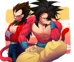  2boys abs bare_pectorals black_hair blue_eyes body_fur denim dragon_ball dragon_ball_gt gloves jeans large_pectorals long_hair looking_at_viewer male_focus monkey_boy monkey_tail multiple_boys muscular muscular_male obi ommmyoh pants pectorals red_fur sash son_goku super_saiyan super_saiyan_4 tail topless_male vegeta wristband yellow_eyes yellow_pants 