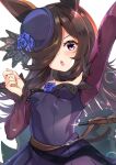  1girl animal_ears arm_up blue_flower blue_rose breasts brown_hair chestnut_mouth dagger dress flower hair_over_one_eye highres horse_ears horse_girl knife long_sleeves looking_at_viewer meyamu open_mouth purple_dress purple_eyes purple_headwear rice_shower_(umamusume) rose sheath sheathed simple_background small_breasts solo tilted_headwear umamusume weapon white_background 