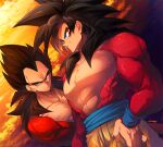  black_hair blue_eyes body_fur cloud dragon_ball dragon_ball_gt evening gradient_sky long_hair monkey_boy monkey_tail ommmyoh orange_sky outdoors red_fur scenery sky son_goku spiked_hair sun sunset super_saiyan super_saiyan_4 tail vegeta 