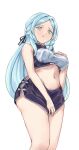  1girl asakeno bangs blue_eyes blue_hair blush braid breasts crop_top highres large_breasts light_blue_hair long_hair looking_at_viewer magia_record:_mahou_shoujo_madoka_magica_gaiden mahou_shoujo_madoka_magica mole mole_under_eye navel open_mouth parted_bangs purple_ribbon purple_shorts ribbon shorts side_braid side_slit side_slit_shorts simple_background solo standing toki_sunao white_background 