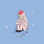  1girl bangs bocchi_the_rock! cube_hair_ornament full_body gotou_hitori hair_ornament hat jacket long_hair looking_down one_side_up pants party_popper pink_hair pink_jacket pink_pants roundbee santa_hat sitting snow solo track_jacket track_pants 