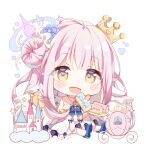  1girl :d blue_archive blue_bow blue_flower blue_footwear blush_stickers bow cake castle chibi commentary_request crescent crown dress feathered_wings flower food fork fruit full_body hair_bun hair_flower hair_ornament halo heart holding holding_fork holding_plate kinokomushi long_hair looking_at_viewer mika_(blue_archive) mini_crown pantyhose pink_hair plate pleated_dress shoe_soles shoes simple_background single_side_bun sitting smile solo star_(symbol) strawberry swiss_roll tilted_headwear tower very_long_hair white_background white_dress white_pantyhose white_wings wings yellow_eyes 