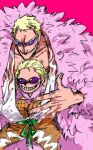  2boys aged_down blonde_hair child coat donquixote_doflamingo feather_coat feathers male_child male_focus mawari28 multiple_boys one_piece open_clothes open_shirt orange_pants pants pink_coat pink_theme shirt short_hair simple_background smile sunglasses white_shirt 