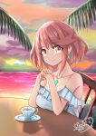  absurdres alternate_costume bangs beach breasts chest_jewel earrings highres jewelry large_breasts ocean pyra_(xenoblade) red_eyes red_hair short_hair sofusan1526 solo swept_bangs xenoblade_chronicles_(series) xenoblade_chronicles_2 