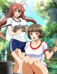  2girls :d antenna_hair bangs blue_shorts blunt_bangs blush breasts brown_eyes brown_hair buruma camping chouhi_ekitoku cleavage collarbone floating_hair glasses green_eyes gym_uniform holding ikkitousen large_breasts long_hair multiple_girls open_mouth red_buruma rimless_eyewear ryuubi_gentoku shiny shiny_hair shirt short_hair short_shorts short_sleeves shorts smile socks sportswear squatting standing t-shirt very_long_hair white_shirt white_socks 