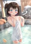  1girl bangs bare_arms bare_shoulders black_hair blue_eyes blurry blurry_background blush breasts commentary_request day depth_of_field fence hair_bun hands_up highres looking_at_viewer multicolored_hair naked_towel nedia_(nedia_region) onsen original outdoors parted_lips purple_hair rubber_duck small_breasts snow solo sweat towel two-tone_hair washbowl water 