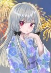  1girl :&lt; alternate_costume ama-tou backlighting bangs black_bow blurry blurry_background bow collarbone commentary_request eyelashes festival fingernails fireworks grey_hair hair_bow hair_ribbon hand_on_own_chin hand_up head_rest highres japanese_clothes kimono long_hair long_sleeves looking_at_viewer looking_to_the_side morning_glory_print night obi official_art outdoors pale_skin parted_lips pink_eyes print_kimono purple_kimono purple_sash red_eyes ribbon sash shiny shiny_hair solo sophie_twilight straight_hair summer_festival tonari_no_kyuuketsuki-san tress_ribbon upper_body wide_sleeves yukata 