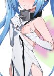  1girl blue_hair breasts chain collar dress elbow_gloves gloves highres long_hair morisobo nipples nymph_(sora_no_otoshimono) one_breast_out simple_background small_breasts solo sora_no_otoshimono twintails very_long_hair white_background white_dress white_gloves wings 