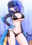  1girl bangs bikini black_bikini blue_background blue_eyes blue_hair blue_headwear breasts cabbie_hat commentary_request cowboy_shot g_(genesis1556) groin hand_on_hip hat highres holding holding_sword holding_weapon horns large_breasts long_hair long_sleeves looking_at_viewer navel original ponytail scabbard sheath sheathed shrug_(clothing) side-tie_bikini_bottom solo standing stomach swimsuit sword tail thighs weapon 