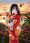  1girl absurdres bangs black_hair blue_hair bouquet bridge bug butterfly cloud cloudy_sky commentary floral_print flower grey_eyes hair_flower hair_ornament hair_ribbon highres holding holding_bouquet japanese_clothes kimono long_hair looking_at_viewer love_live! love_live!_nijigasaki_high_school_idol_club multicolored_hair one_side_up ribbon setsu_(qjsj1993aa) sidelocks sky smile solo sunset two-tone_hair yukata yuuki_setsuna_(love_live!) 