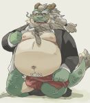  anthro asian_clothing asian_mythology barbel_(anatomy) beard belly big_belly blush bulge chest_tuft clothed clothing dragon east_asian_clothing east_asian_mythology eastern_dragon erection erection_under_clothing facial_hair flesh_whiskers fundoshi garouzuki hair hi_res horn japanese_clothing kemono long_hair male mature_male mythology navel necktie nipples office_clothing overweight ponytail pubes scalie smile solo tuft underwear undressing 