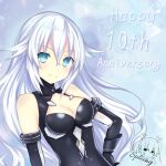  1girl anniversary aqua_eyes black_gloves black_heart breasts choujigen_game_neptune cleavage closed_mouth elbow_gloves gloves hair_between_eyes highres long_hair looking_at_viewer medium_breasts neptune_(series) signature smile solo spleeny white_hair 