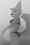  anthro bikini canid canine clothing darkholm1 female fox greyscale hi_res licking looking_back looking_down mammal monochrome smile solo swimwear tongue tongue_out 