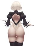  1girl absurdres ass back back_cutout black_thighhighs cameltoe clothing_cutout commentary cowboy_shot english_commentary feather-trimmed_sleeves from_behind highleg highleg_leotard highres holding holding_sword holding_weapon juliet_sleeves leotard long_sleeves muscular muscular_female nier_(series) nier_automata puffy_sleeves saku_ram short_hair simple_background solo sword thighhighs weapon white_background white_hair white_leotard yorha_no._2_type_b 