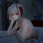  1girl absurdres ahoge antennae arknights bangs bed bite_mark breasts commentary convenient_arm grey_hair grin hair_between_eyes hand_up head_rest highres horns indoors kettle large_breasts looking_at_viewer lying mildt nude on_stomach orange_eyes short_hair smile solo upper_body w_(arknights) 