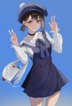  1girl bag bangs beret beruko14 black_choker black_hair blue_background blue_dress blue_ribbon blue_theme blush chainsaw_man choker double_v dress frilled_sleeves frills grocery_bag hair_ornament hairclip hat higashiyama_kobeni highres looking_at_viewer mole mole_under_eye mole_under_mouth nervous_smile pinafore_dress ribbon shopping_bag short_hair short_ponytail simple_background single_sidelock smile solo sweat twitter_username v 