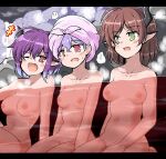  +_+ 3girls ahoge bare_shoulders bathing blush breasts brown_hair character_request epic_seven fang green_eyes groin hair_up heavy_breathing horns light_purple_hair medium_breasts multicolored_hair multiple_girls navel nipples nude onsen open_mouth partially_submerged pink_eyes pointy_ears purple_hair smile spoken_squiggle squiggle towel towel_on_head tsuzuri_(tuzuri) 