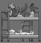  anthro beads bed bell bell_collar bodily_fluids bottom_bunk_filling_meme_(tofudumps) bucket bunk_bed canid clothing collar container duo english_text erection eyewear felid fur furniture genital_fluids genitals grabbing head_on_pillow hi_res kiwi_hugh ladder lying lying_on_bed male mammal milking_cum monochrome muscular muscular_male nude on_back on_bed penetration penis pillow shirt simple_background solo sunglasses tank_top text tofudumps topwear toy_insertion urethral urethral_penetration 