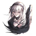  1girl absurdres bangs black_dress black_hairband black_wings blueblossom commentary dress english_commentary frills hairband highres long_hair looking_at_viewer red_eyes rozen_maiden simple_background solo suigintou upper_body white_background white_hair wings 