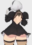  1girl ass back back_cutout clothing_cutout crab elbow_gloves feather-trimmed_sleeves gloves grey_background hairband highres huge_ass juliet_sleeves long_sleeves nier_(series) nier_automata puffy_sleeves short_hair skirt solo thick_thighs thighhighs thighs when_you_see_it white_hair wide_hips yoracrab yorha_no._2_type_b 