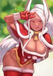  1girl :q absurdres animal_ears bangs bell blurry blurry_background boku_no_hero_academia breasts capelet christmas cleavage commentary dark-skinned_female dark_skin dress fur-trimmed_capelet fur-trimmed_legwear fur-trimmed_leotard fur_trim gloves gold_choker hand_on_hip hand_up highleg highleg_leotard highres large_breasts leaning_forward leotard long_eyelashes long_hair looking_at_viewer mirko neck_bell parted_bangs pom_pom_(clothes) ponytail rabbit_ears rabbit_girl rabbit_tail red_capelet red_eyes red_gloves red_leotard red_thighhighs santa_dress solo sparkle t_r717 tail thighhighs thighs tongue tongue_out v very_long_hair white_hair 