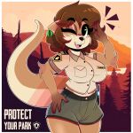  1:1 2022 absurd_res anthro big_breasts bottomwear breasts brown_body brown_fur brown_hair cheek_tuft clothed clothing digital_media_(artwork) ear_piercing ear_ring elbow_tuft eyebrow_through_hair eyebrows eyelashes facial_tuft female firewatch fur green_eyes hair hi_res looking_at_viewer lutrine mammal mustelid one_eye_closed open_mouth park_ranger piercing ring_piercing short_hair shorts solo translucent translucent_hair tuft uniform video_games walkie-talkie wink wireless_shiba 
