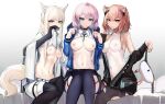  3girls absurdres animal_ears arknights black_choker black_gloves black_jacket black_pants black_pantyhose black_thighhighs blue_eyes blue_jacket blue_poison_(arknights) bodysuit breasts bright_pupils brown_eyes choker covered_navel elbow_gloves feet_out_of_frame garter_straps gloves gravel_(arknights) groin hand_up highres horse_ears horse_girl horse_tail jacket long_hair long_sleeves medium_breasts mizuhashi_parusui mouse_ears mouse_girl mouse_tail multiple_girls navel nipples no_bra off_shoulder open_clothes open_jacket pants pantyhose pink_hair platinum_(arknights) rectangular_pupils scales see-through_bodysuit short_hair simple_background sitting tail thighhighs white_background white_bodysuit white_jacket white_pupils yellow_eyes 