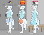  2018 absurd_res against_surface anthro balls balls_expansion balls_outline big_balls big_penis blue_body blush bodily_fluids bulge clothed clothing colored crossed_legs cum detailed_background detailed_bulge digital_drawing_(artwork) digital_media_(artwork) digitigrade dragon english_text expansion fluffy frill_(anatomy) genital_expansion genital_fluids genital_outline genitals hands_behind_back hi_res huge_balls inside keinga leaking_cum line_art locker_bench locker_room looking_at_genitalia looking_at_penis looking_at_self looking_away male model_sheet multicolored_body nude penis penis_expansion penis_outline rilamerre_dzumtao scalie sequence solo standing sweat symbol text towel two_tone_body underwear white_body 